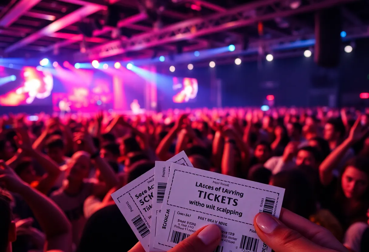 Fans enjoying a concert with event tickets visible
