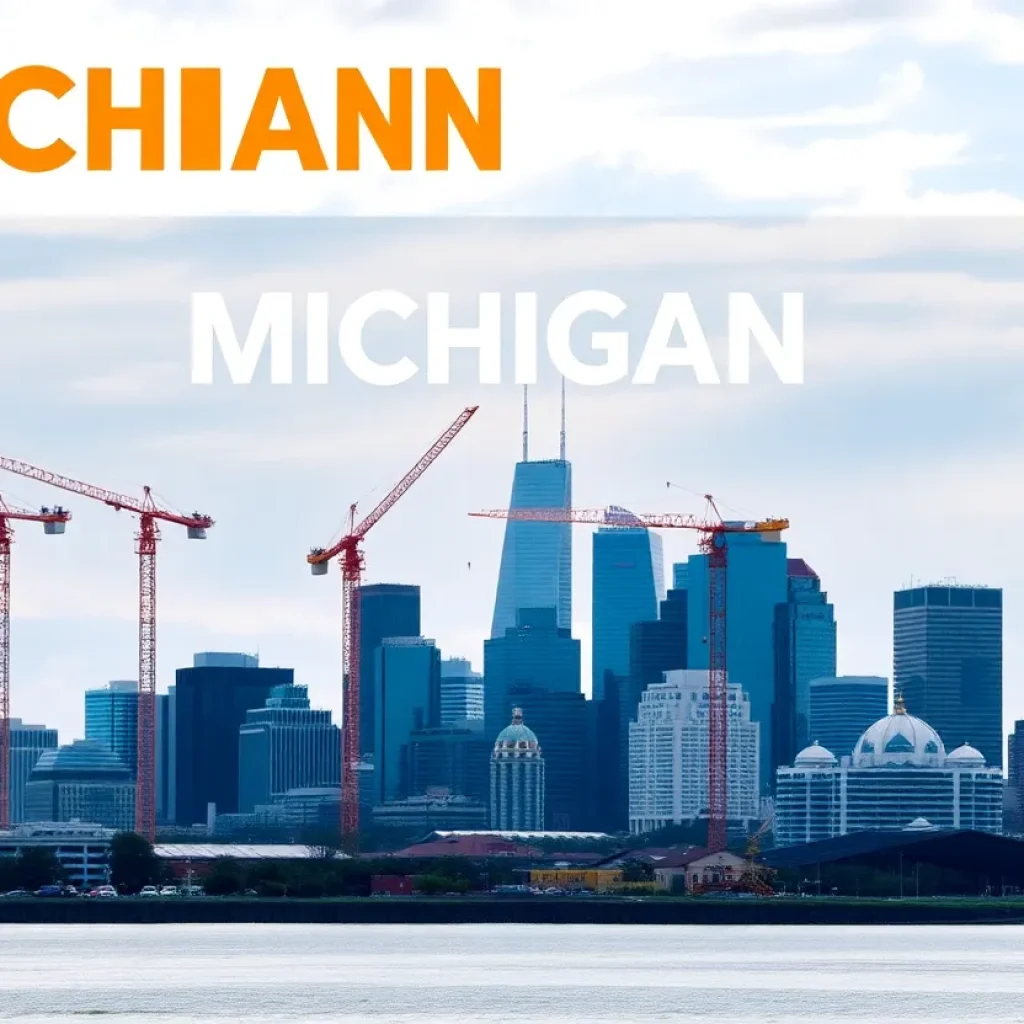 Detroit skyline with construction activities symbolizing economic development