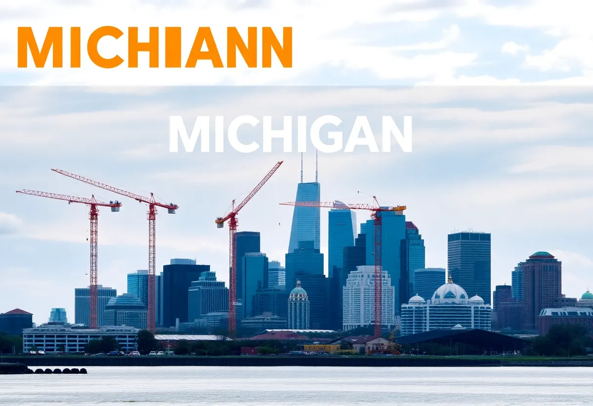Detroit skyline with construction activities symbolizing economic development