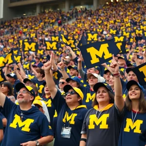 Fans celebrating in Michigan Football gear