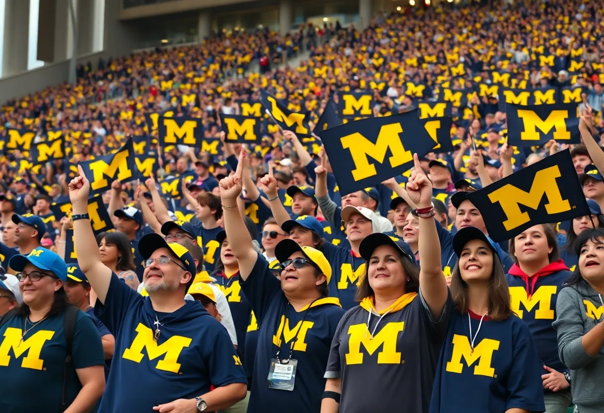 Fans celebrating in Michigan Football gear