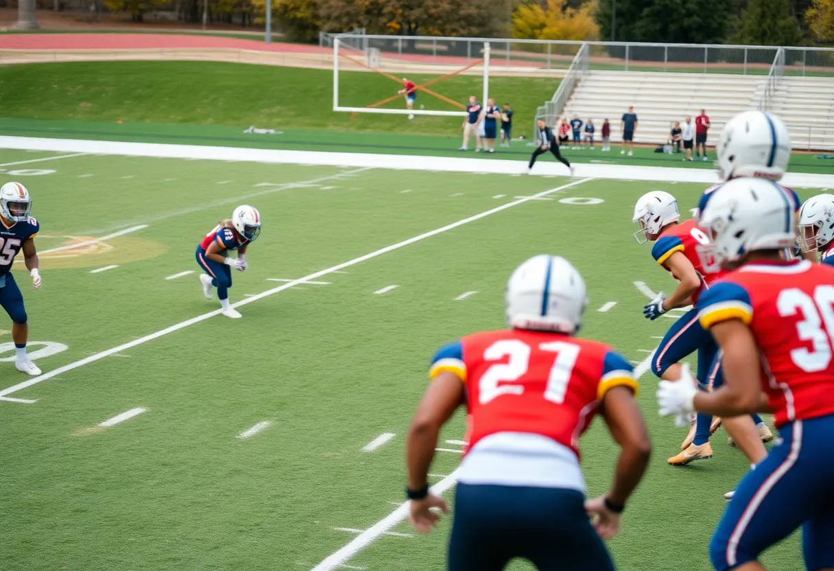 Michigan football players practicing on the field