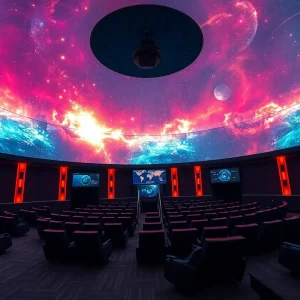 Interior view of the upgraded planetarium at Michigan Science Center with high-resolution screens.