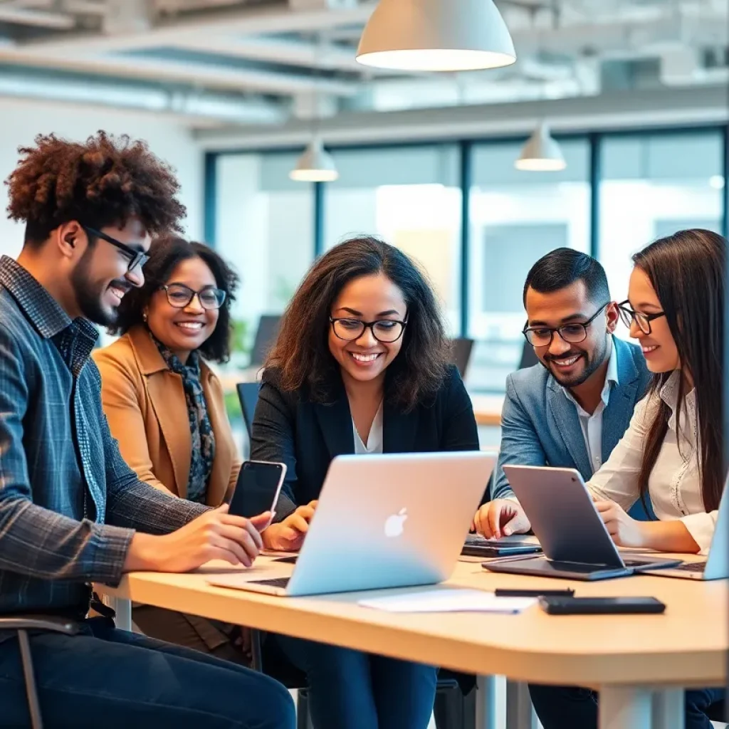 Small business owners in Michigan collaborating with technology.