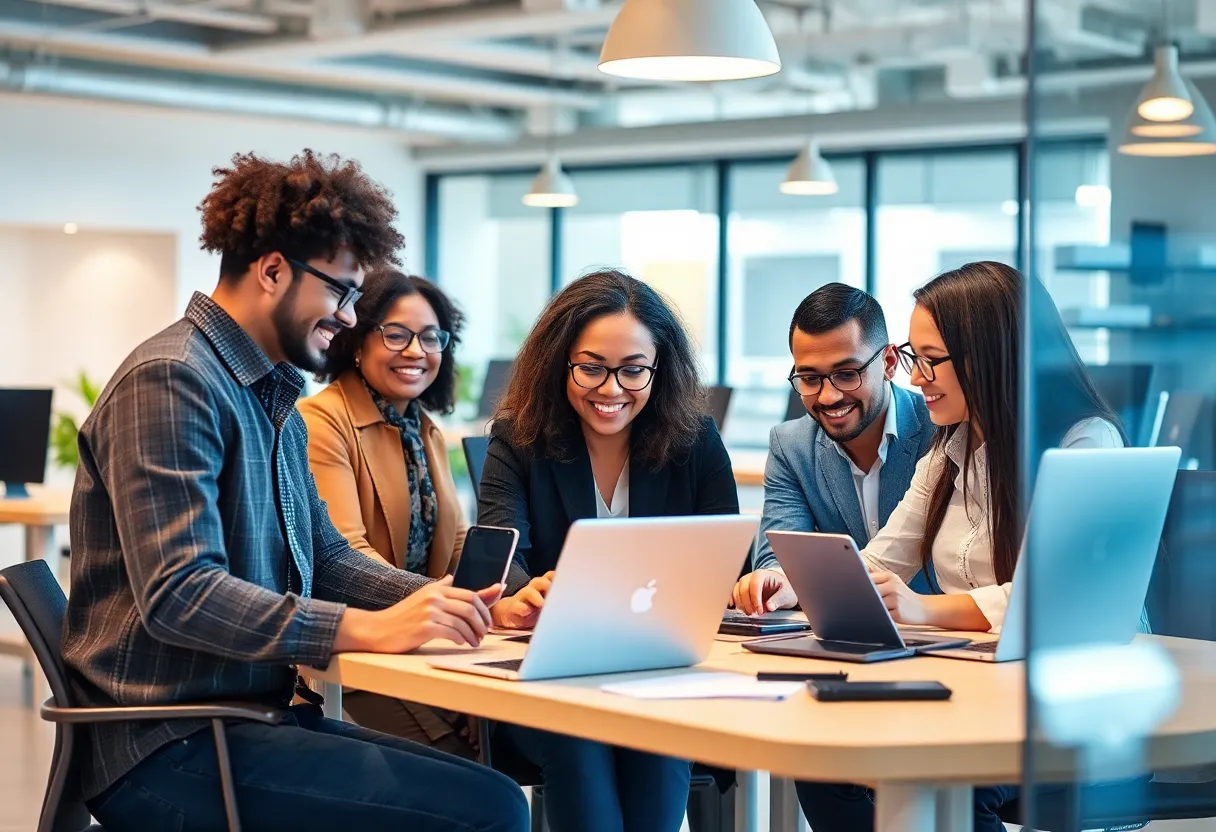 Small business owners in Michigan collaborating with technology.