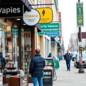 Vape and tobacco shop on a busy street in Michigan with signage indicating new regulations.