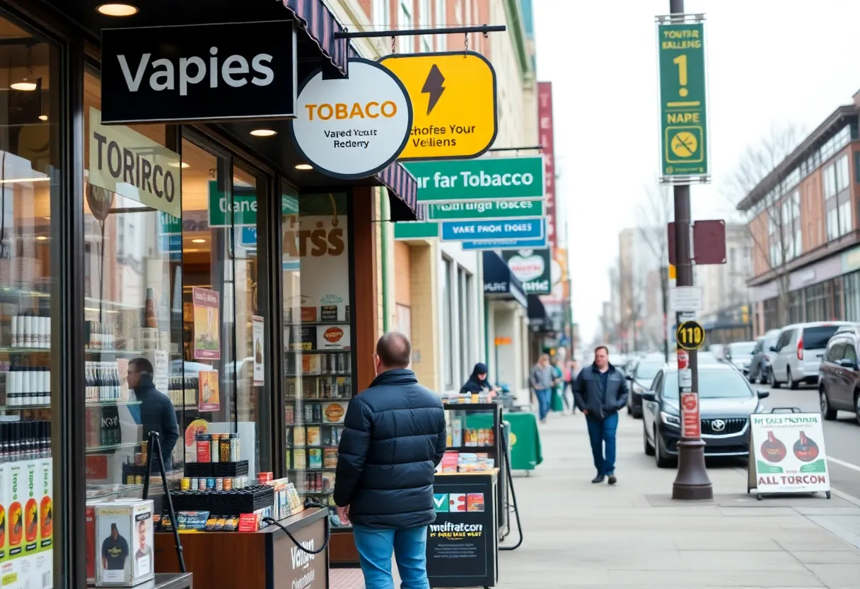 Vape and tobacco shop on a busy street in Michigan with signage indicating new regulations.