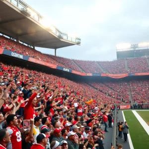 Fans cheering in a football stadium for Michigan State Football team