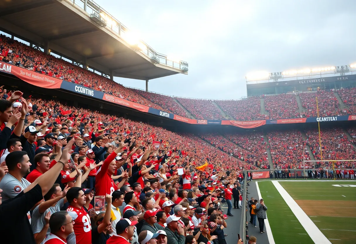 Fans cheering in a football stadium for Michigan State Football team