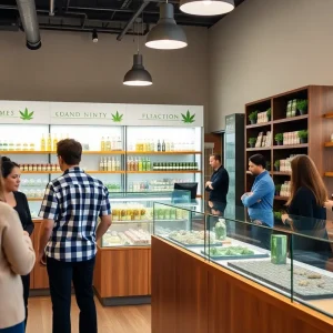Interior view of a cannabis dispensary with product displays and customers.