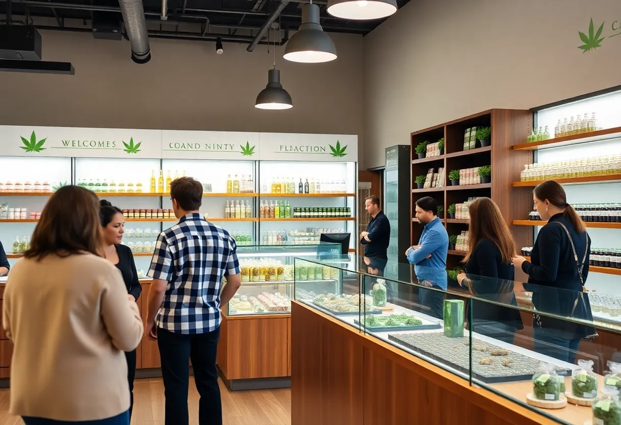 Interior view of a cannabis dispensary with product displays and customers.