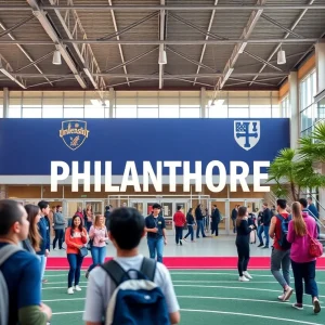 Michigan State University campus with students celebrating a historic donation.