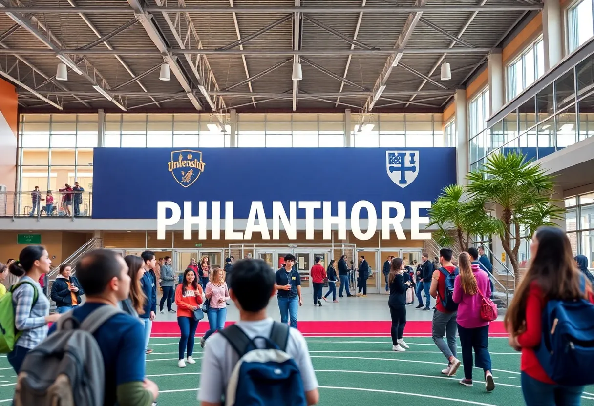 Michigan State University campus with students celebrating a historic donation.