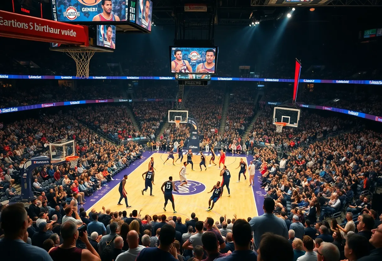 An intense basketball game in an NBA arena with players in action.