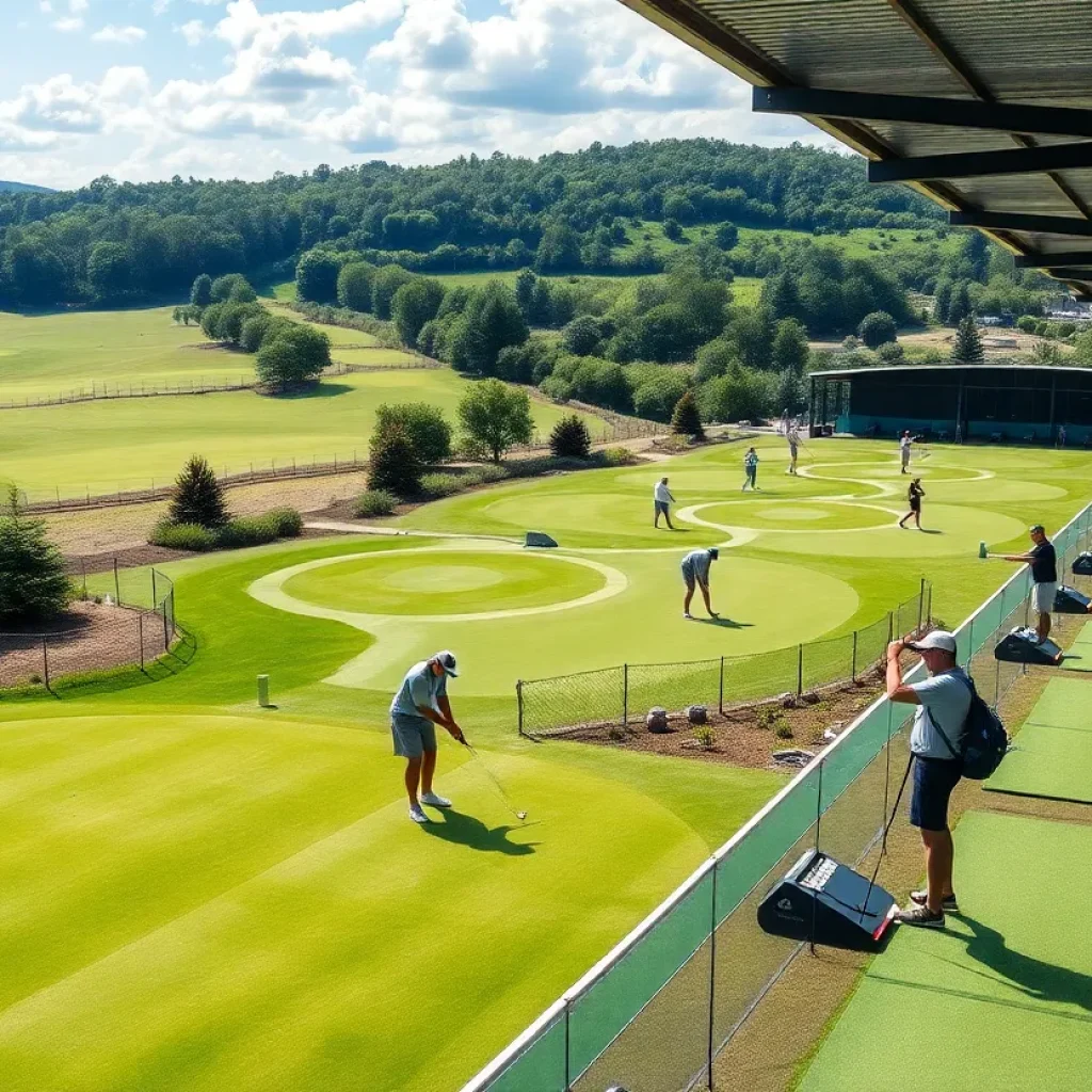 Golfers practicing at the new golf academy with a driving range and lush greenery.