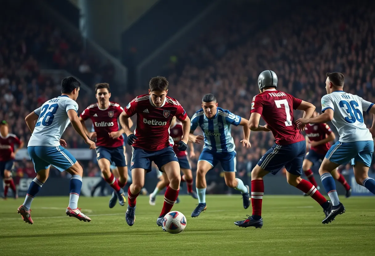 A tense moment during an NFL game with players competing