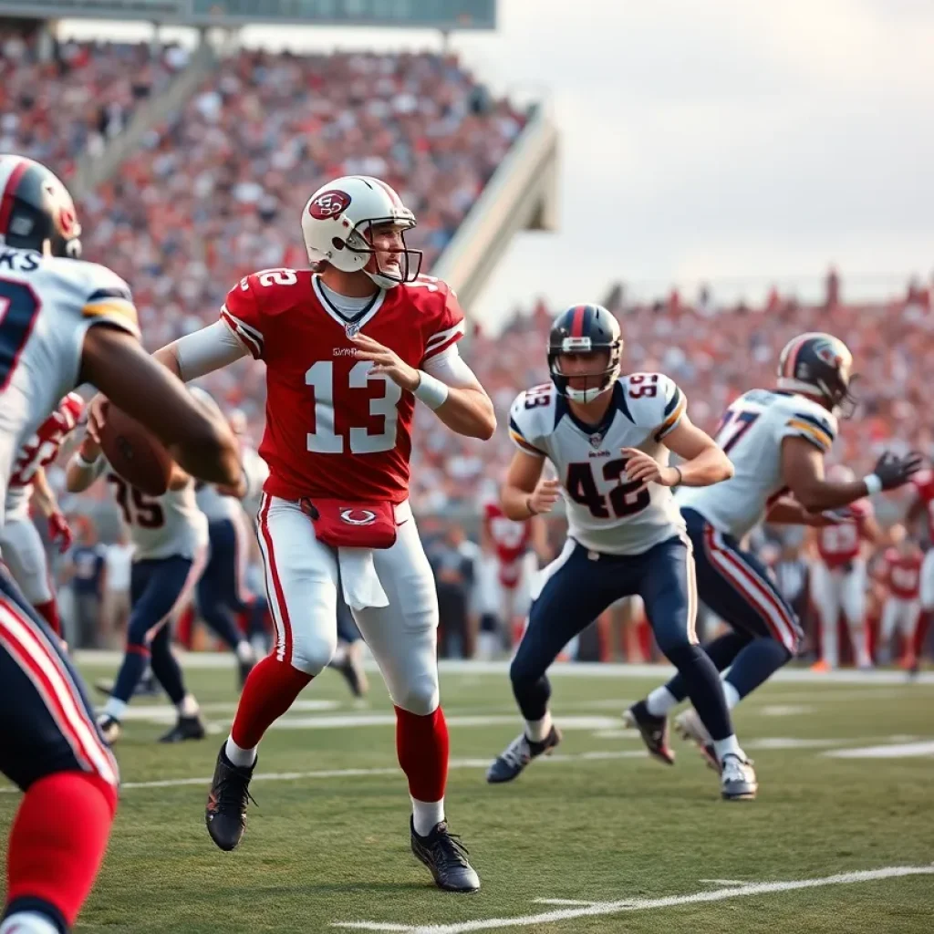 Quarterback throwing a pass during an intense NFL game.