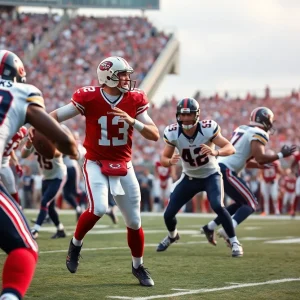 Quarterback throwing a pass during an intense NFL game.