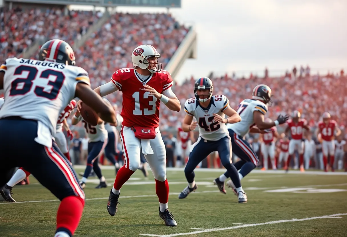 Quarterback throwing a pass during an intense NFL game.