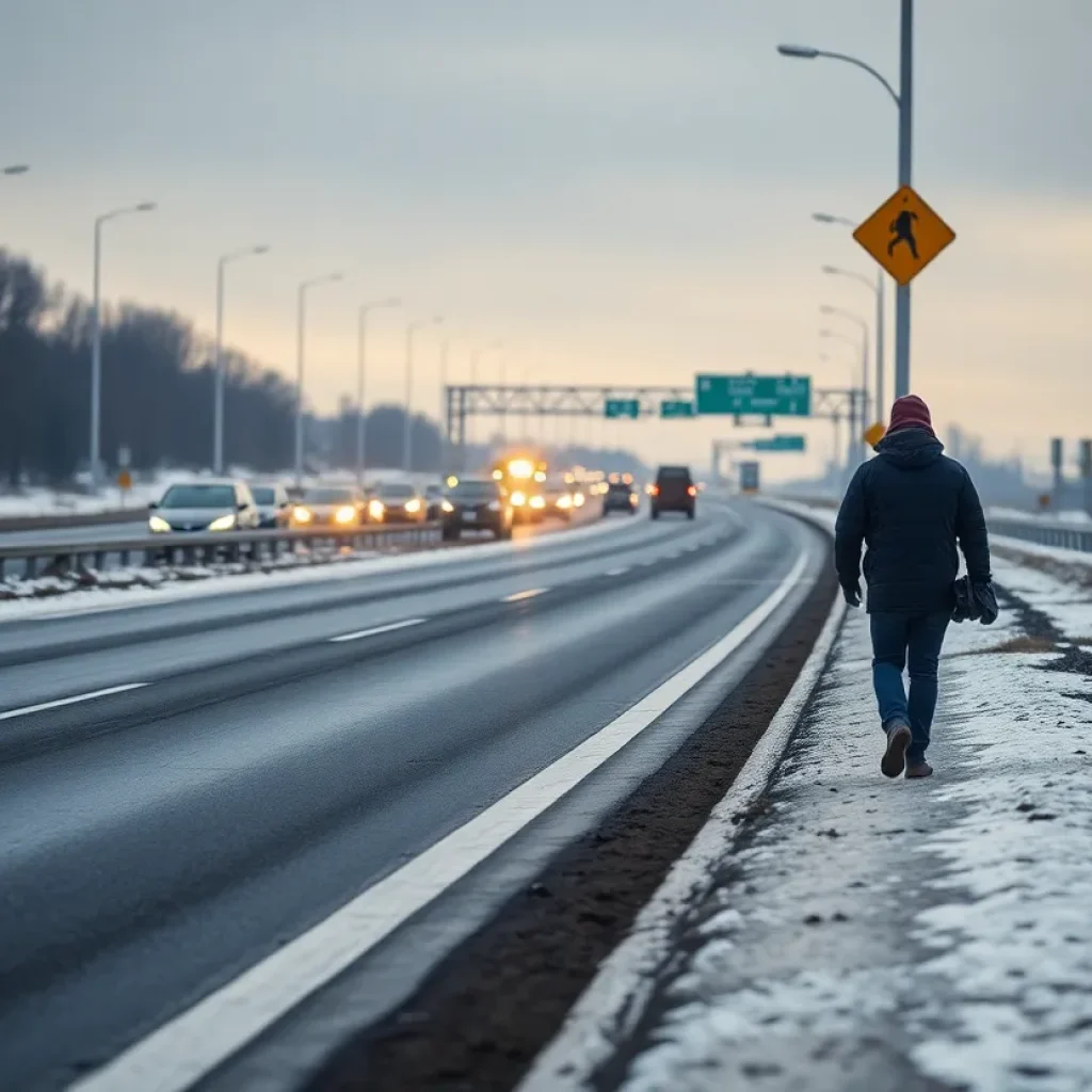 A pedestrian walking cautiously on the shoulder of a busy highway.