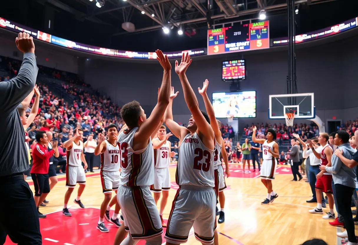 Detroit Pistons players celebrating after a home game victory