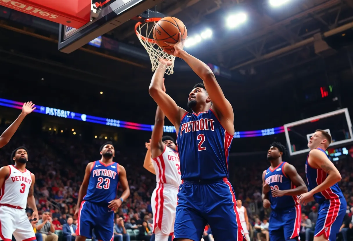 Detroit Pistons players celebrating victory on the court.