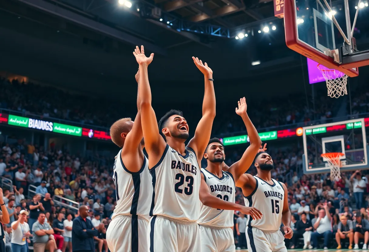 Detroit Pistons players celebrating after winning a game.