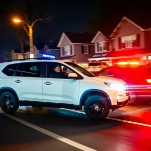 A police car chasing a white SUV at high speed in Warren, Michigan.