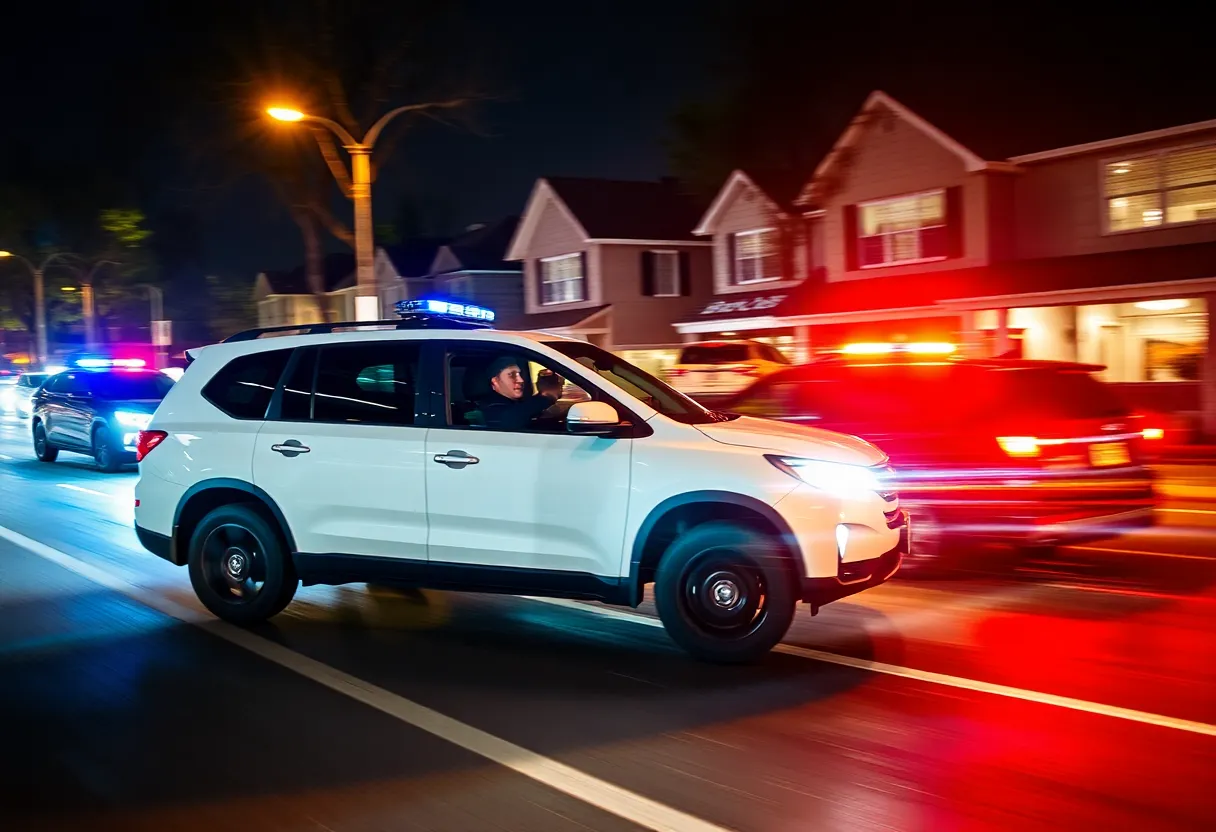 A police car chasing a white SUV at high speed in Warren, Michigan.