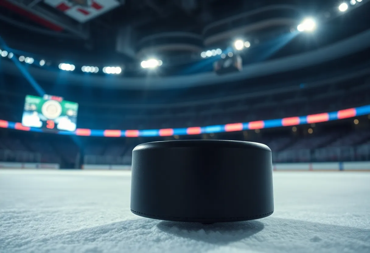 Hockey puck hitting the ice at an overtime game