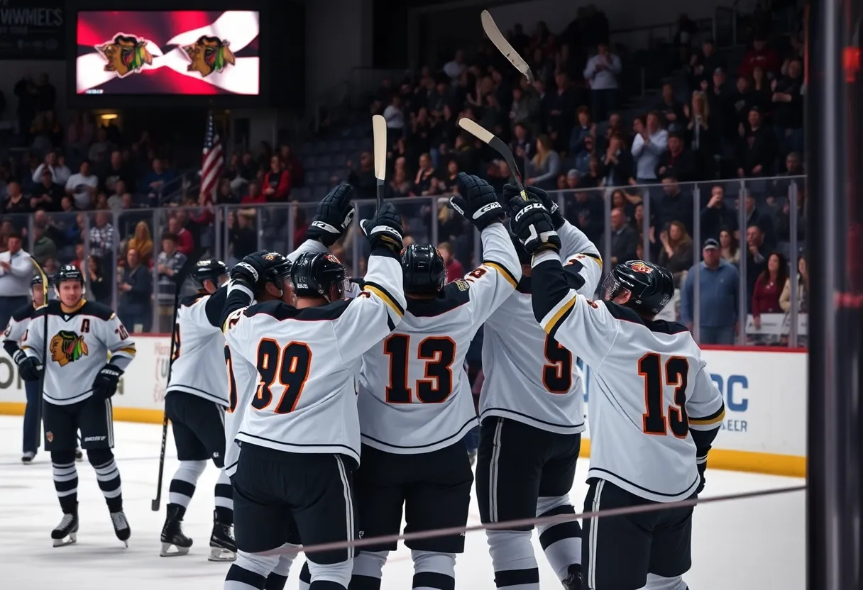 Detroit Red Wings players celebrating an overtime win