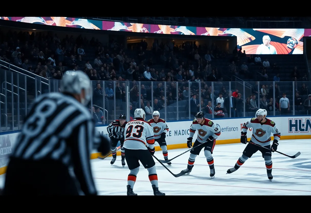 Players from the Red Wings and Maple Leafs in action during an overtime hockey game.