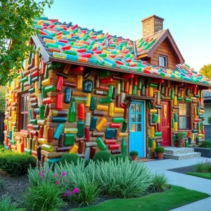 Exterior view of the bottle house in Hazel Park with colorful glass bottles.