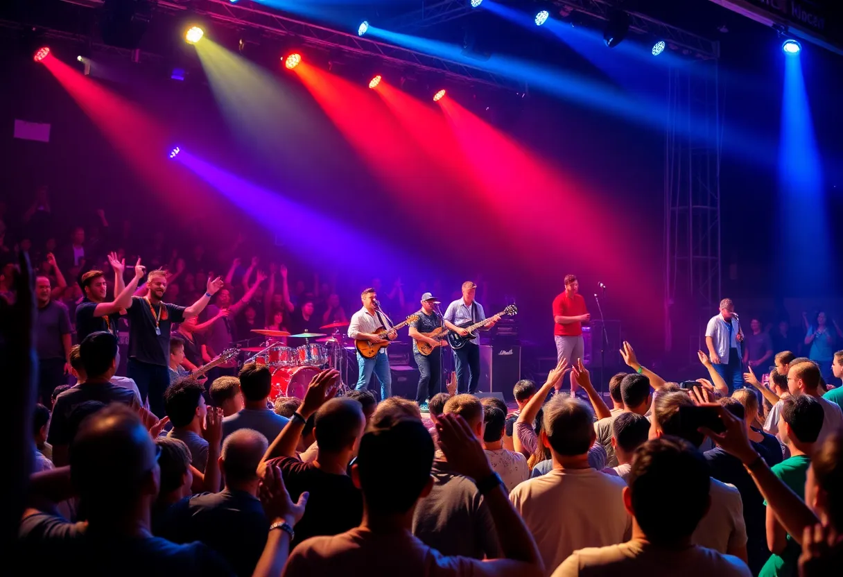 Live concert performance with diverse musicians on stage