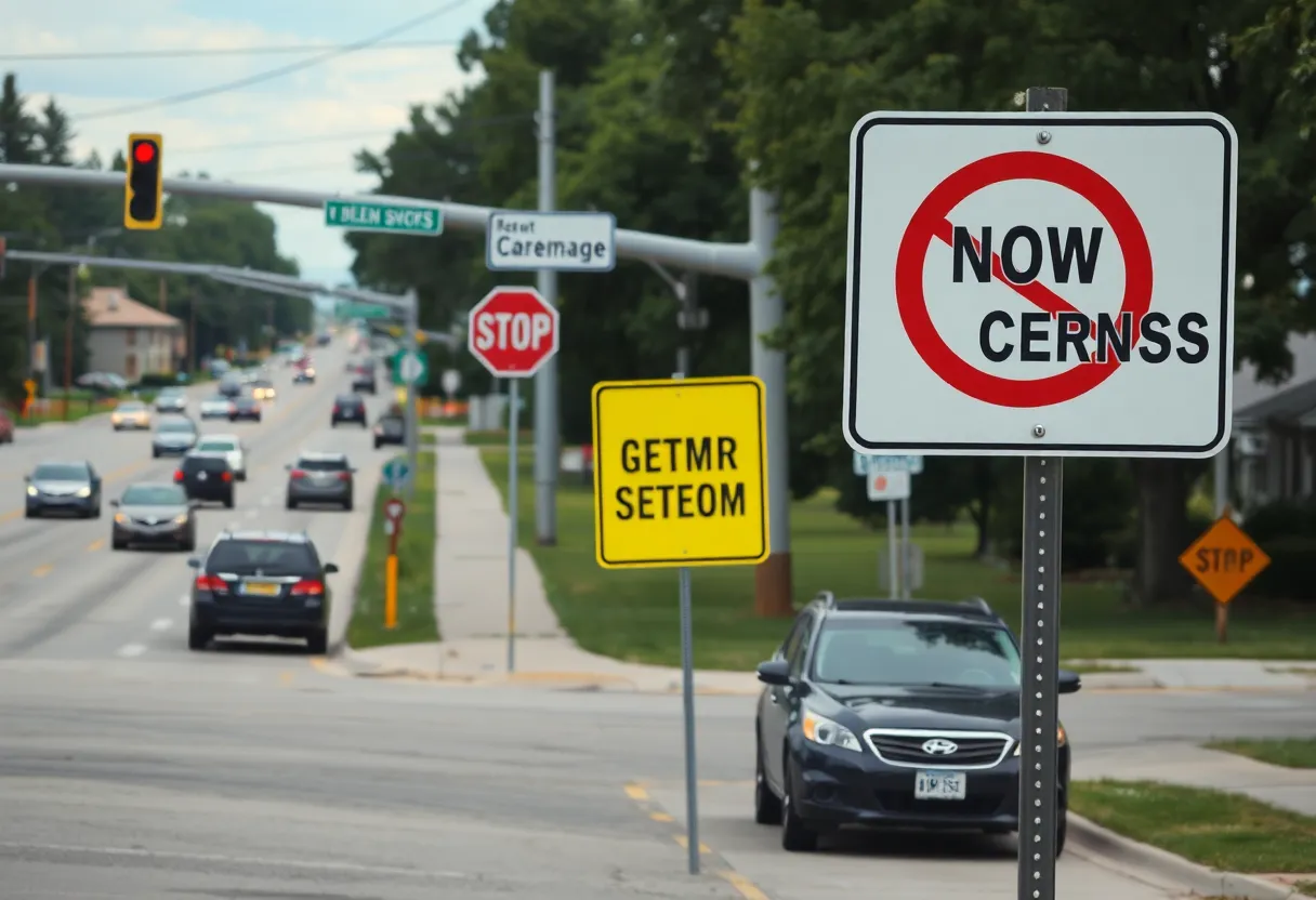 Traffic sign displaying opposition to new business proposals in Michigan