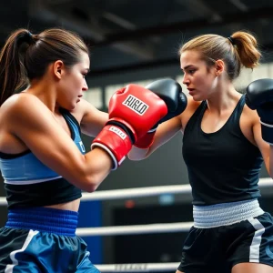 Women boxers in a competitive match.