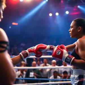 Boxing match between two female athletes in an arena