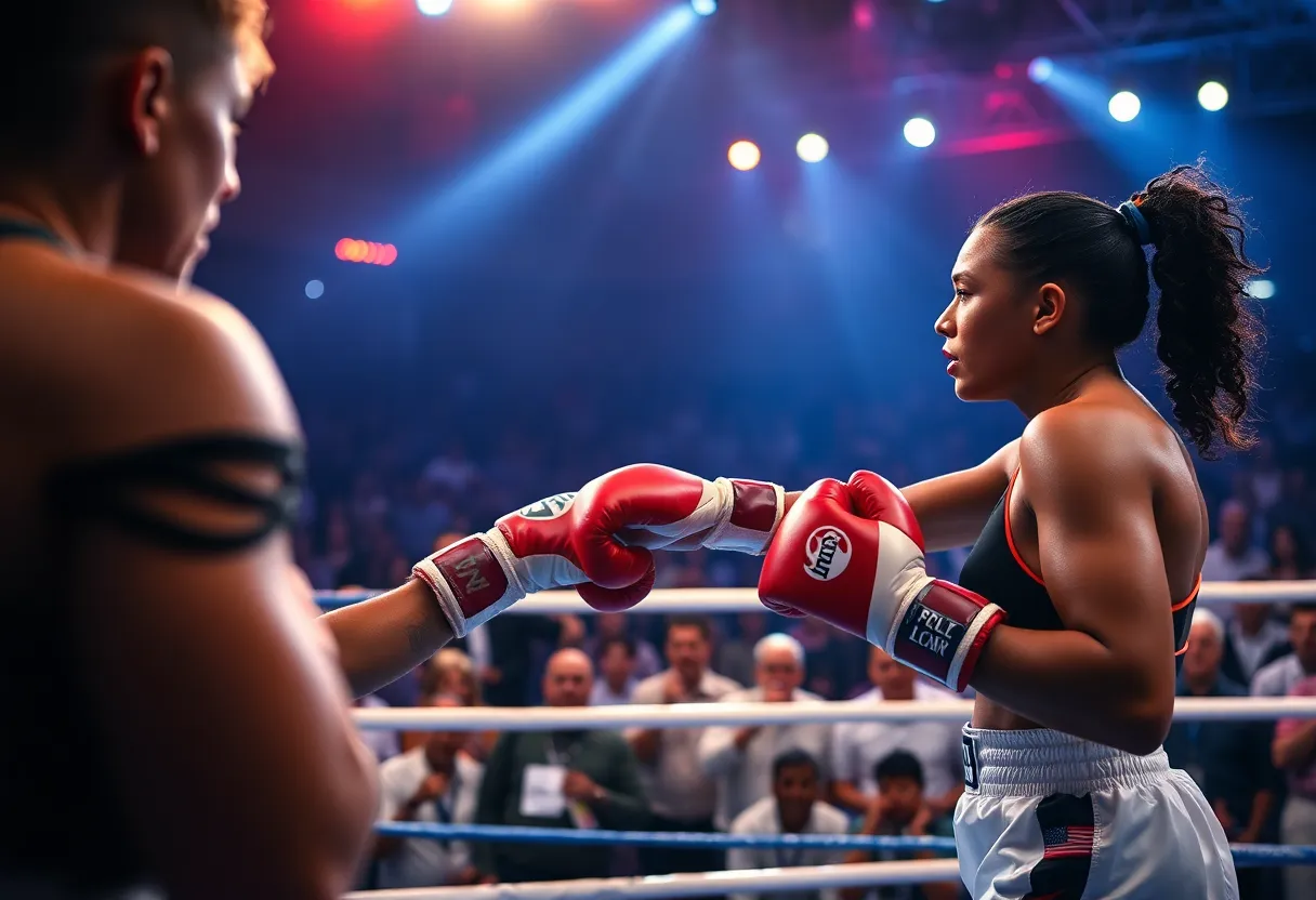 Boxing match between two female athletes in an arena