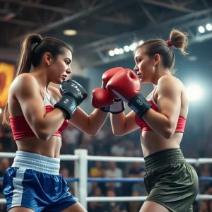 Female boxers battling in a boxing ring with spectators in the background.