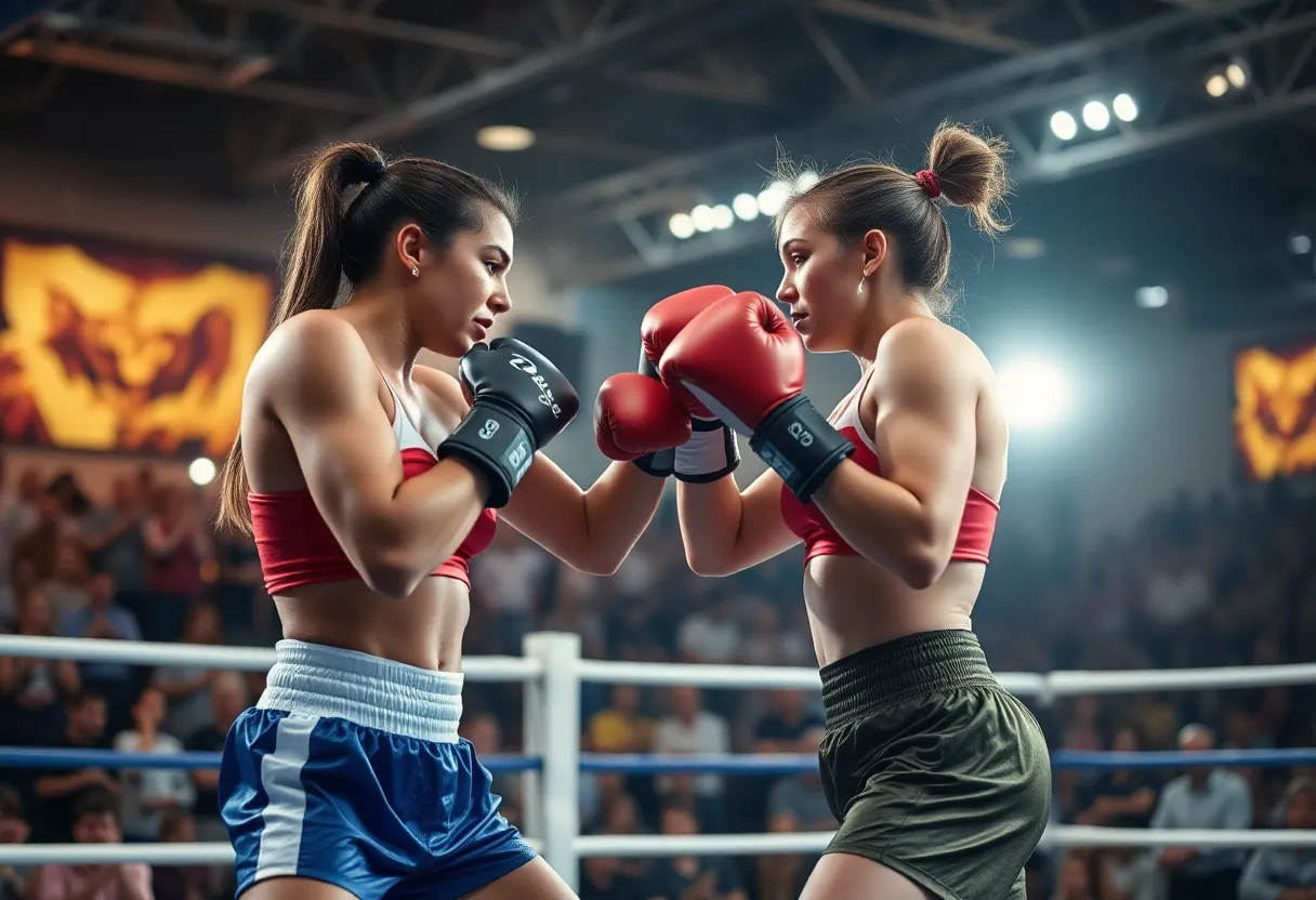 Female boxers battling in a boxing ring with spectators in the background.