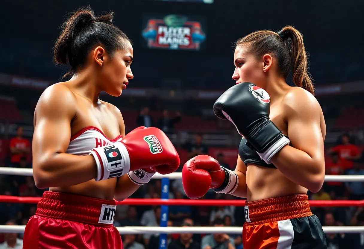 Claressa Shields and Franchon Crews-Dezurn in a boxing ring during a championship match.
