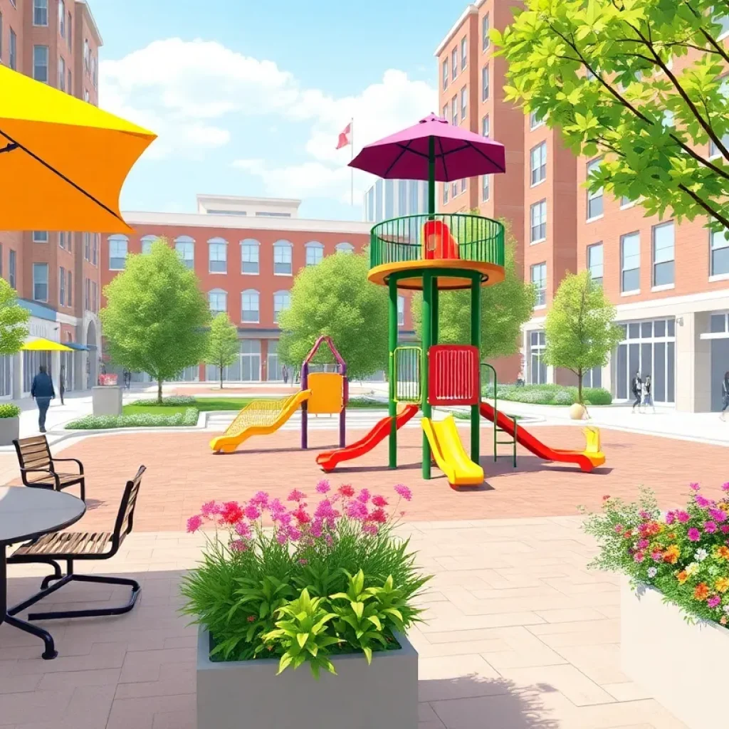 Rendering of renovated Spirit Plaza with new seating and playground
