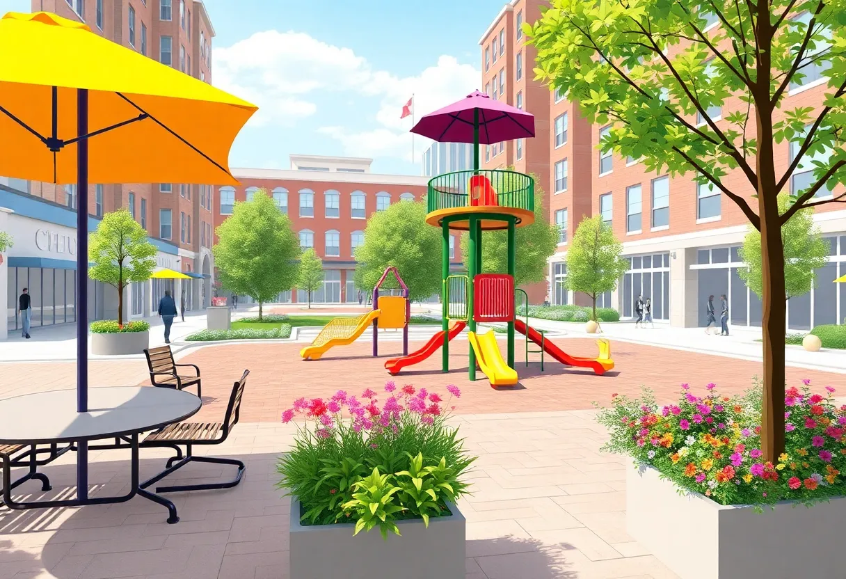 Rendering of renovated Spirit Plaza with new seating and playground
