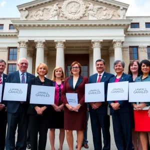 Group of attorneys general outside courthouse for EV funding lawsuit