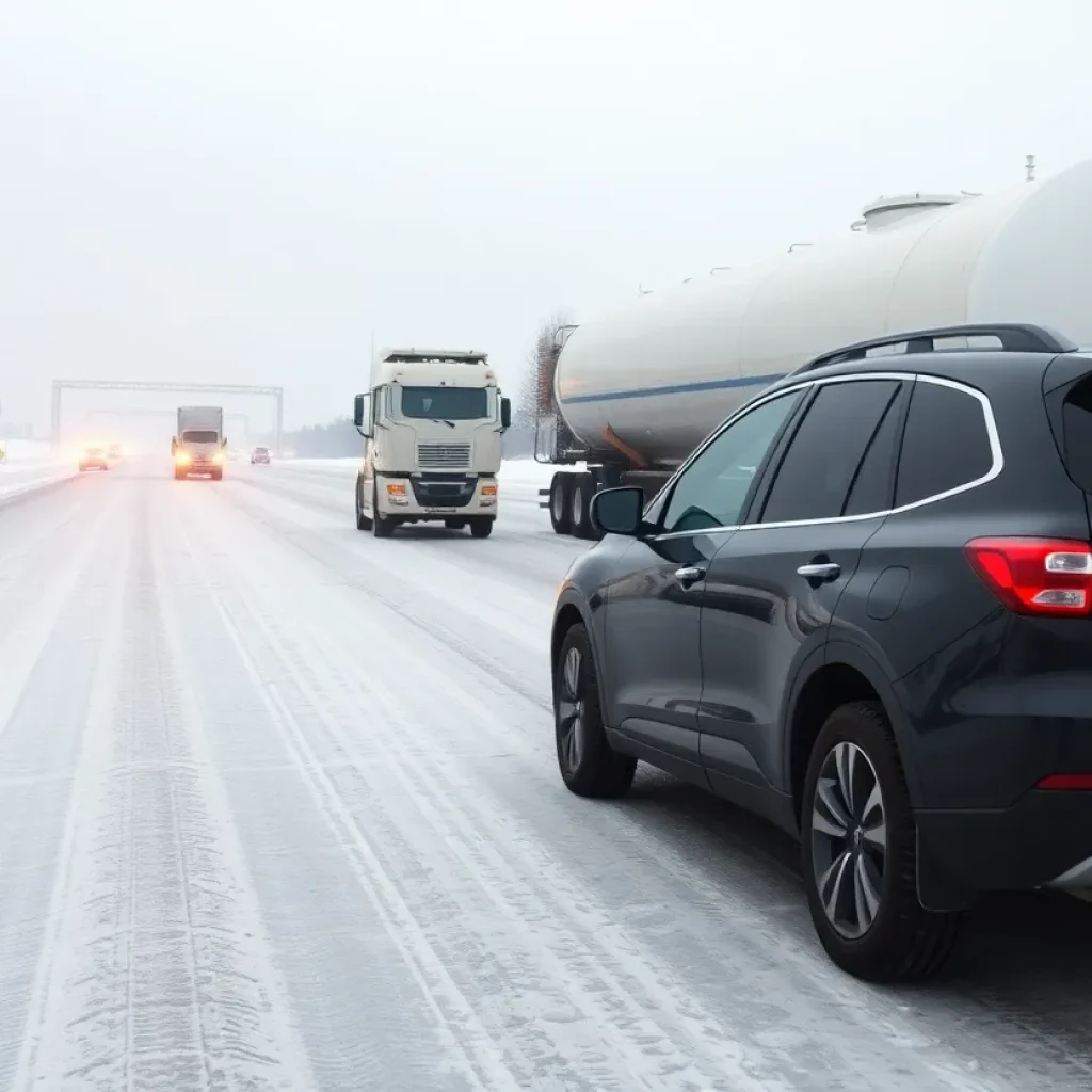 Collision between tanker truck and SUV on icy road