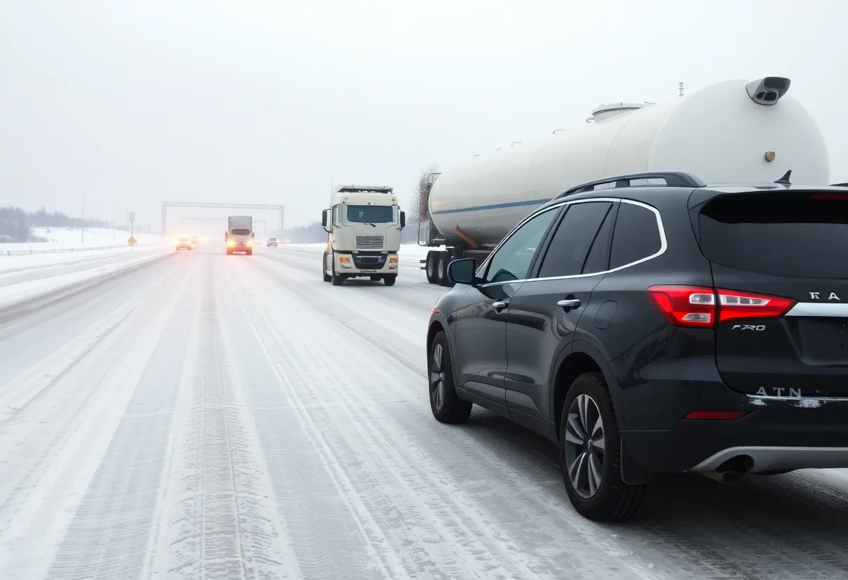 Collision between tanker truck and SUV on icy road