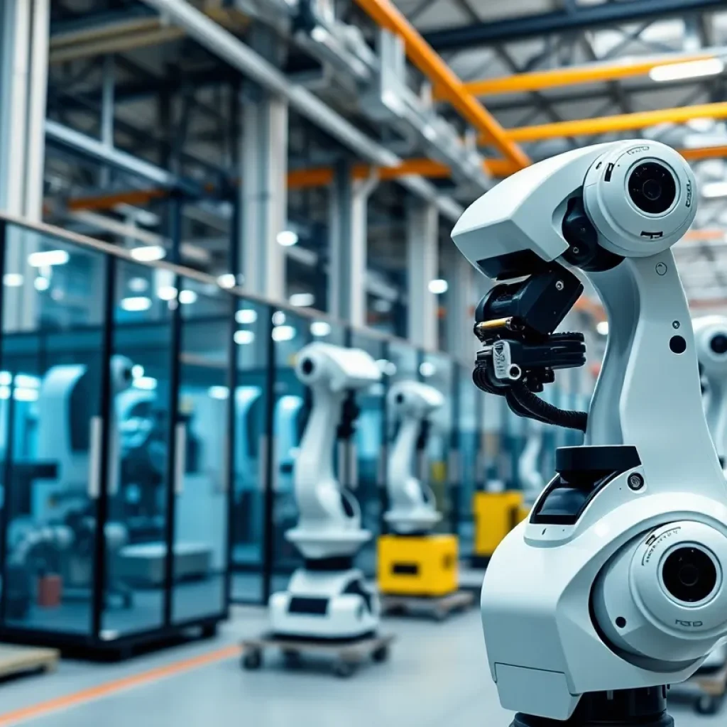 Visual representation of Teradyne Robotics manufacturing facility with robots in action.