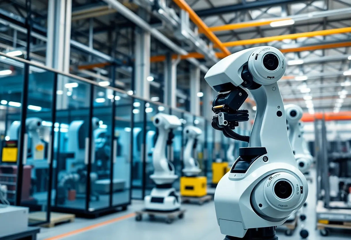 Visual representation of Teradyne Robotics manufacturing facility with robots in action.