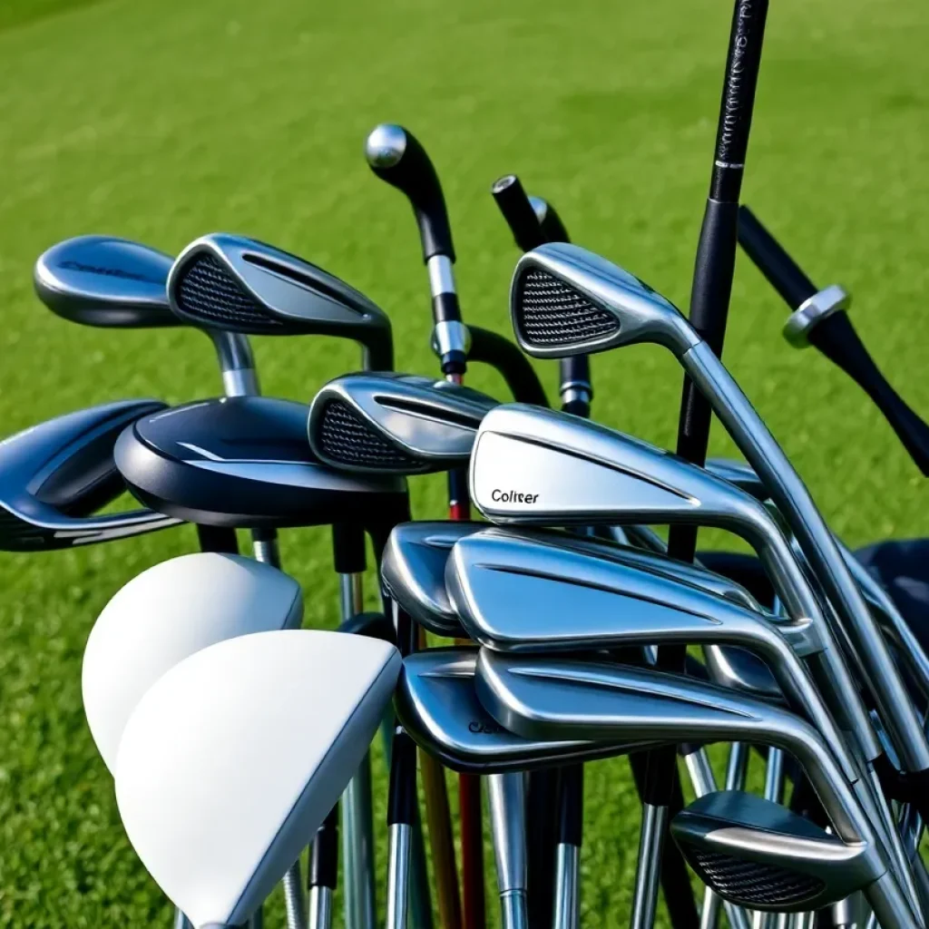 Collection of golf clubs from the 21st century displayed on a golf course