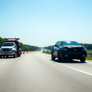 Tow truck on Michigan road removing an unsafe vehicle for road safety.